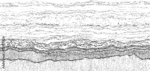 Black and white cross section of layered rock strata with varied textures and wavy lines geology layers 