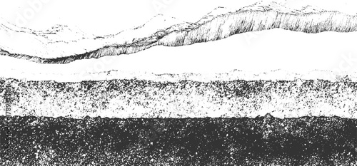 Black and white textured abstract landscape with layered horizontal bands background