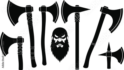 Set of Viking axes and warrior head black silhouette vector illustration, medieval weapon collection isolated on white background for design and art