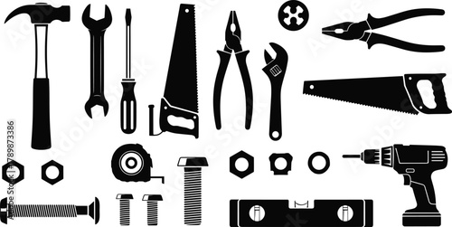 Set of construction and mechanic hand tools black silhouette vector illustration, repair equipment collection isolated on white background for design and print