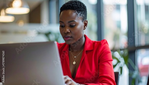 a black business woman with short hair wearing a red blouse top focusing intensely on her laptop computer in the office