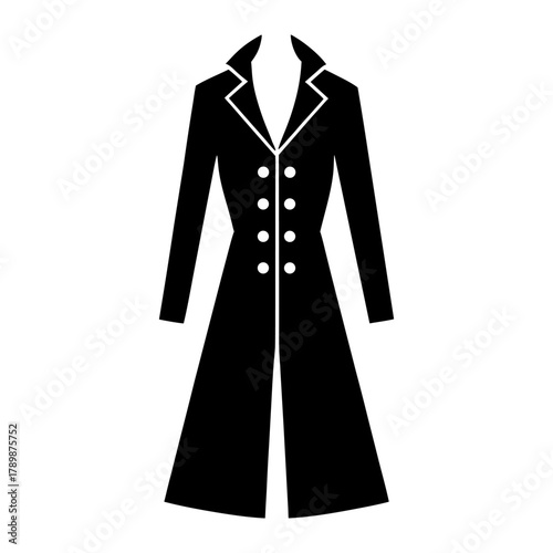 Long Trench Coat Winter Icon – Button Detail Minimalist Vector on White Background.