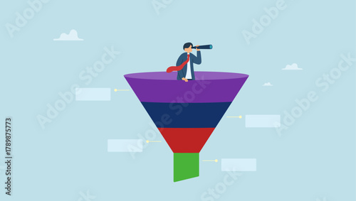 Businessman looking through telescope in marketing funnel. Marketing funnel sales prospect discovery, lead generation or martech and analytics optimization, insight or customer data, conversion rate.	