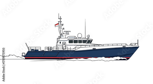 Blue and white boat on water side view with antenna and wake.