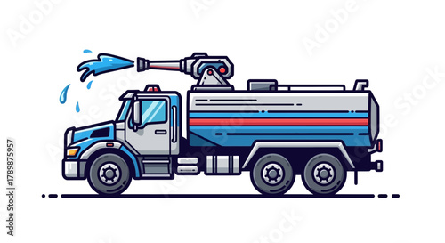 Water truck spraying water with a cannon on top against a white background.