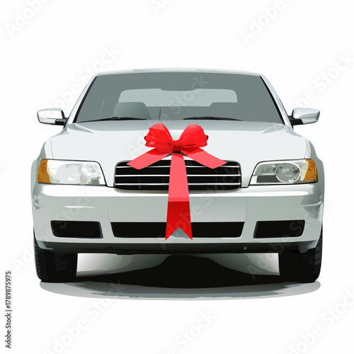 White car front view receiving red bow gift, representing celebration