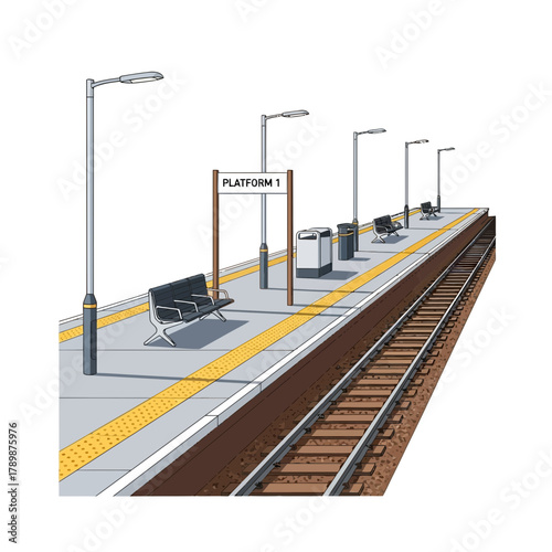 Train station platform with benches lights and tracks isolated on white.
