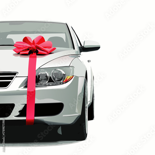 White modern car presented as a gift with a large red bow on a white background