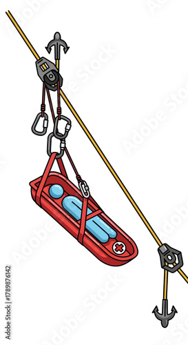 Red zipline seat hanging from a cable with pulleys and safety equipment.
