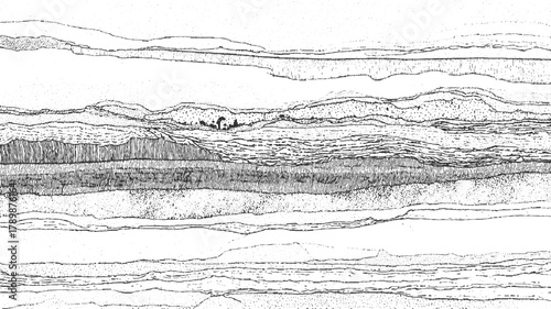 Black and white cross section of geological strata with varied textures and lines abstract background