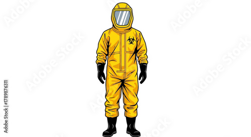 Person in yellow hazmat suit with black gloves and boots against white.