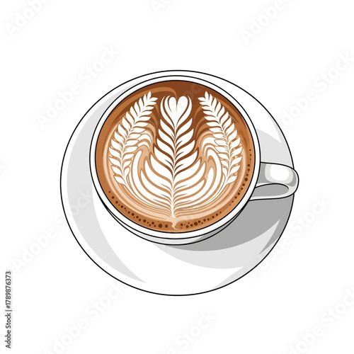 Latte art in a white cup on a white saucer top view.