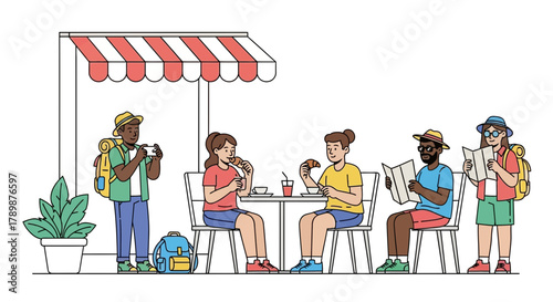 People eating at outdoor cafe with backpacks reading maps and taking pictures.