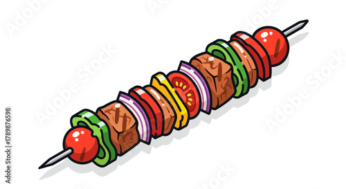Grilled meat and vegetables on a skewer isolated on white background.