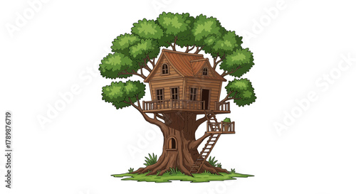 Cartoon treehouse with brown wooden structure and green leaves on white background.