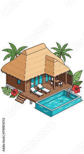 Cartoon tropical bungalow with swimming pool palm trees and lounge chairs.