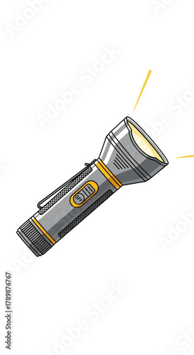 Silver flashlight emitting light on a white background.