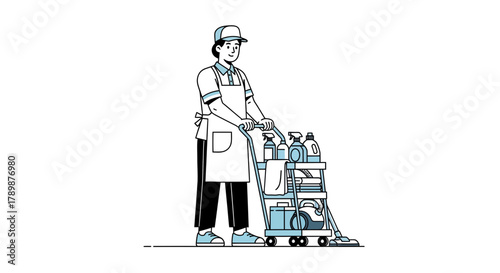 Person pushing cleaning cart with supplies illustration on white background.