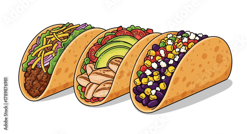 Three tacos with different fillings in a row on a white background.