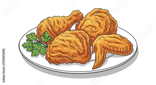 Fried chicken pieces on a plate with green garnish against white background.