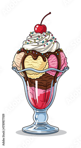 Ice cream sundae with whipped cream chocolate sauce and cherry in glass.