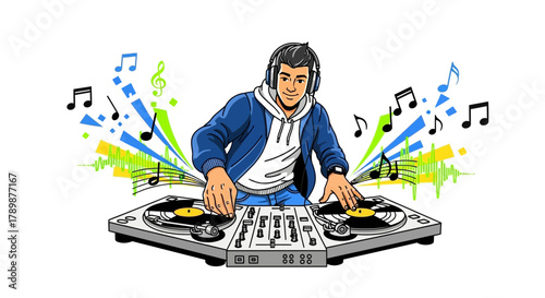 Illustration of a dj with headphones using turntables surrounded by musical notes.