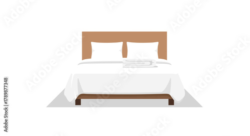 Bed with white linens and pillows against a brown headboard on white.