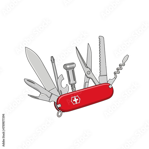 Red multi-tool with various blades and tools extended against a white background.