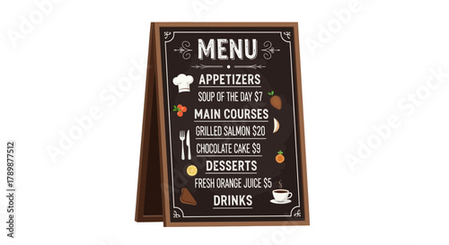 Menu board with food and drink items on a white background.