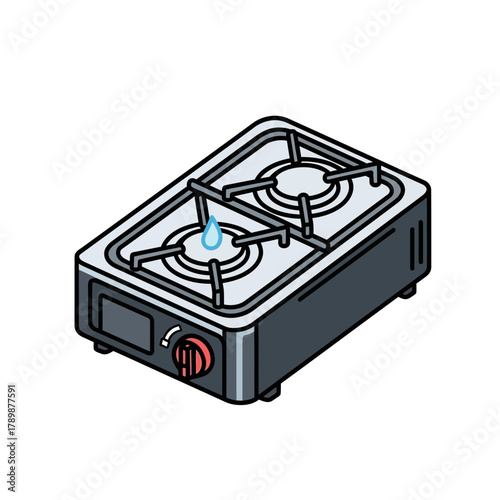 Isometric illustration of a portable gas stove with two burners on white.