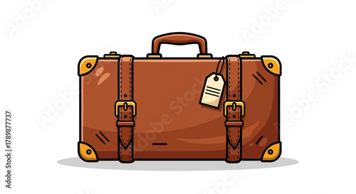 Illustration of a brown suitcase with straps handle and luggage tag on white.