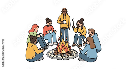 People sit around a campfire holding mugs in a circle illustration.
