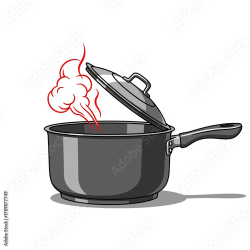 A cooking pot with steam and a partially open lid on white background.