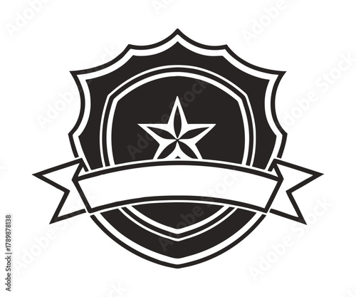 Black Shield Emblem with Star and Ribbon Banner Vector PNG