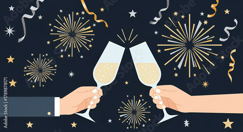 Night sky celebration with colorful fireworks and festive star decoration for a new year holiday event design