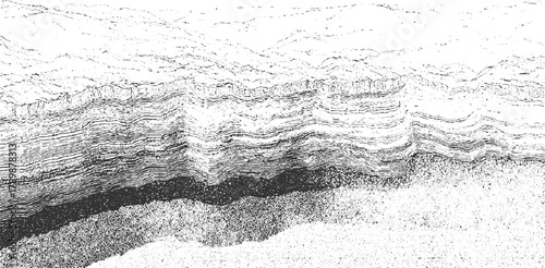 Black and white abstract textured landscape with layered strata and circular patterns vector