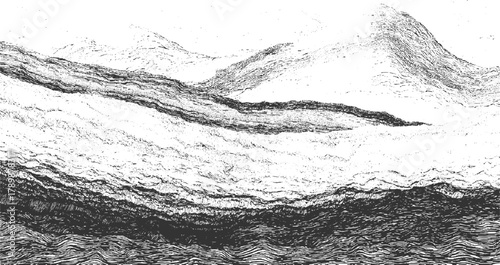 Black and white abstract textured landscape with layered wavy lines and mountain-like peaks pattern