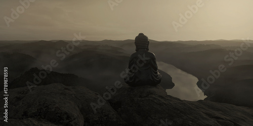 Canvas Print 3D Rendering of back of buddha statue in front of foggy mountain landscape
