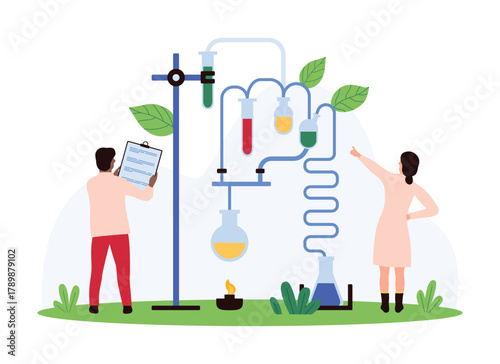 Chemistry and pharmacy research and scientific experiment in laboratory. Tiny people work with lab beakers and test tubes with samples of chemical liquids on holder cartoon vector illustration
