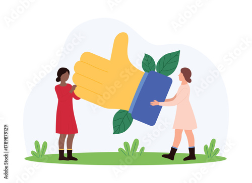 Positive feedback, best work of employee approval, social media like. Tiny people holding yellow thumbs up silhouette to approve product, characters vote with emoji cartoon vector illustration