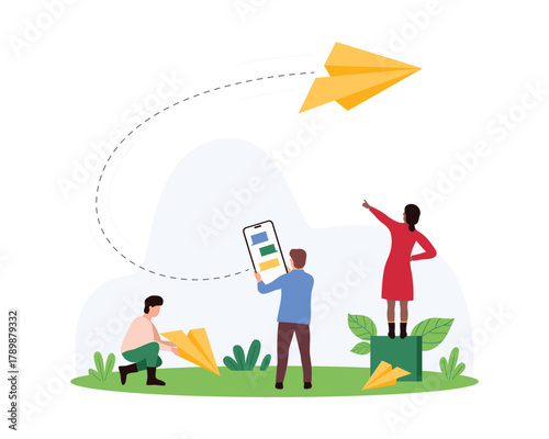 Social media communication online in mobile app. Tiny people send email and chat message, digital newsletter in envelope and SMS, paper plane flying from phone screen cartoon vector illustration