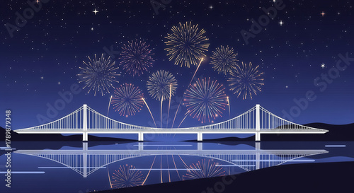 Night bridge over the river with city lights and fireworks reflection on the water