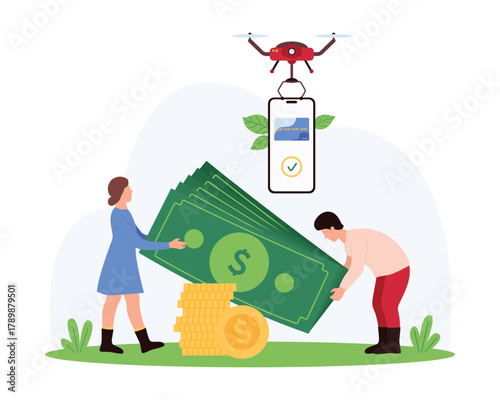 Money payment and transfer, ewallet. Tiny people holding banknotes and gold coins to deposit into bank account, credit card and approval check mark on mobile phone screen cartoon vector illustration