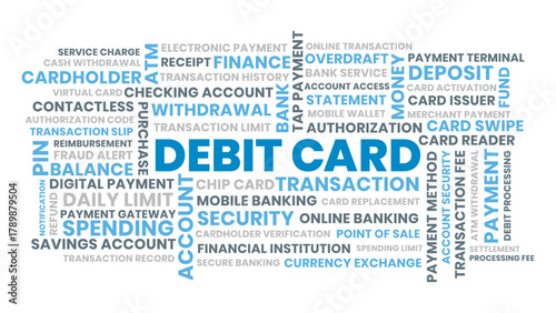 Debit card word cloud, electronic payment and banking security illustration