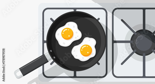 An inviting flat design illustration featuring a frying pan with two perfectly cooked sunny-side up eggs, ready to be served. It's a clean and appealing visual for a classic breakfast staple.