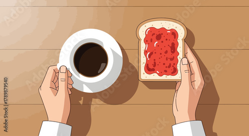 A comforting scene of hands holding a coffee cup and toast, symbolizing a simple morning ritual. This flat design illustration captures the essence of a tranquil breakfast.
