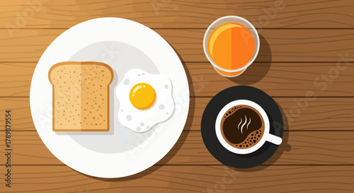 A delightful flat design illustration presenting a full breakfast spread, featuring toast, a fried egg, coffee, and orange juice. This image embodies a wholesome and balanced start to the day.