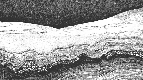 Black and white abstract landscape with layered geological strata and textured sky monochrome