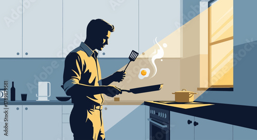 This dynamic flat design illustration depicts a man's silhouette actively preparing breakfast, flipping an egg with a spatula in a kitchen setting. It highlights the energy and routine of morning meal