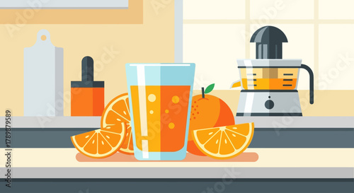 This vibrant flat design illustration showcases a refreshing glass of freshly squeezed orange juice, complete with a juicer and orange slices. It perfectly captures the essence of a health.
